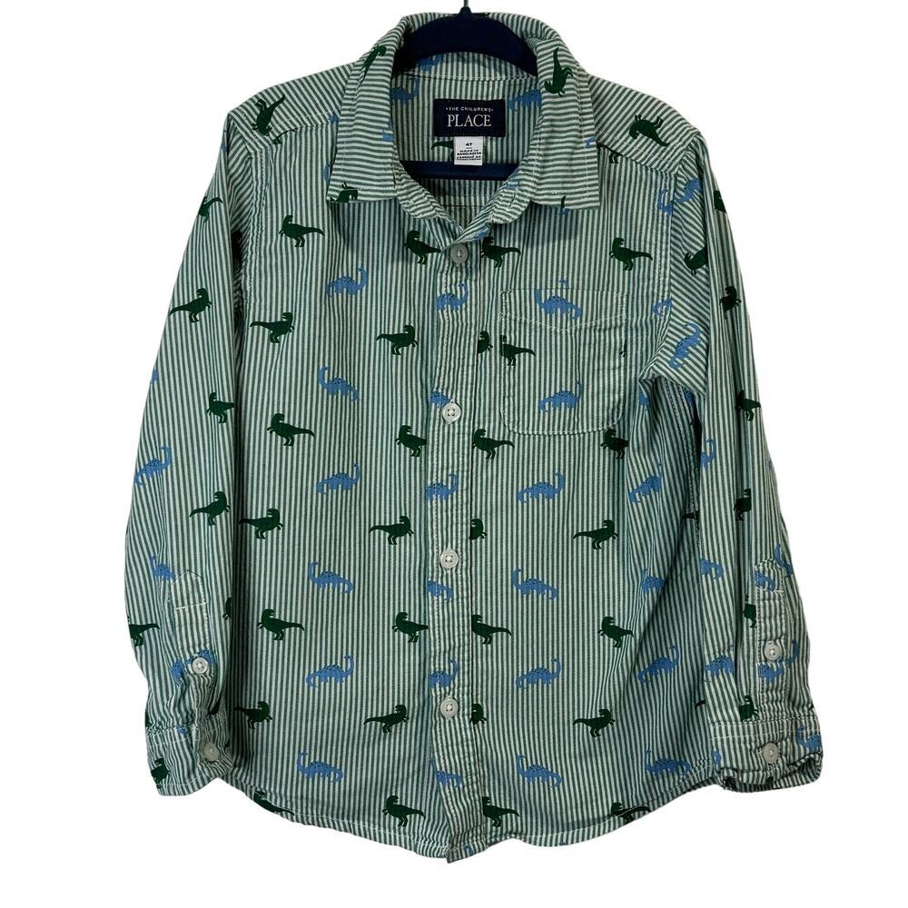 Children's Place Boys Green Striped Dinosaur Button Down Size 4T